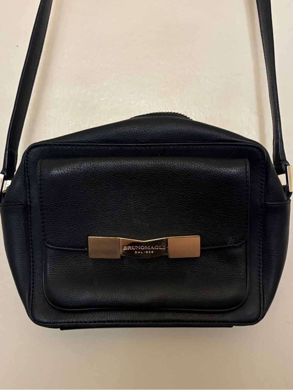Bruno Magli Black Leather Crossbody with Gold Bow Accent